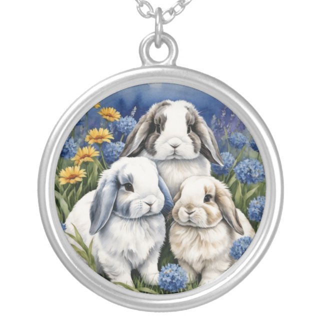Three Little Lop Bunny Rabbits  Silver Plated Necklace (Front)