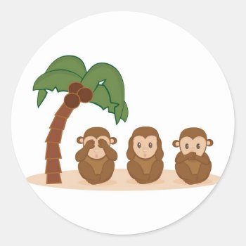 Three Little Monkeys - Three Macaquinhos Classic Round Sticker by escapefromreality at Zazzle