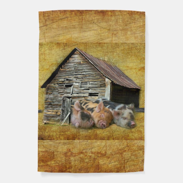 Three Little Pigs At The Rustic Barn Snoozing Garden Flag (Front)