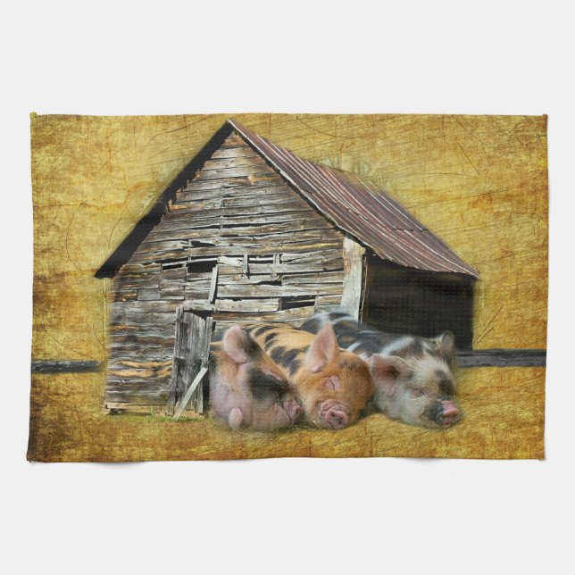 Three Little Pigs At The Rustic Barn Snoozing Kitchen Towel (Horizontal)