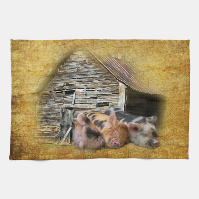 Three Little Pigs At The Rustic Barn Snoozing Kitchen Towel (Horizontal)