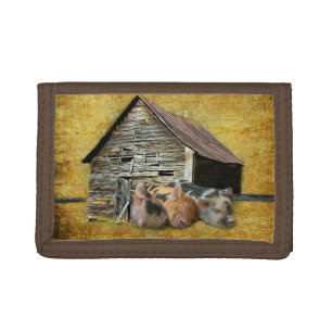 Three Little Pigs At The Rustic Barn Snoozing Tri-fold Wallet