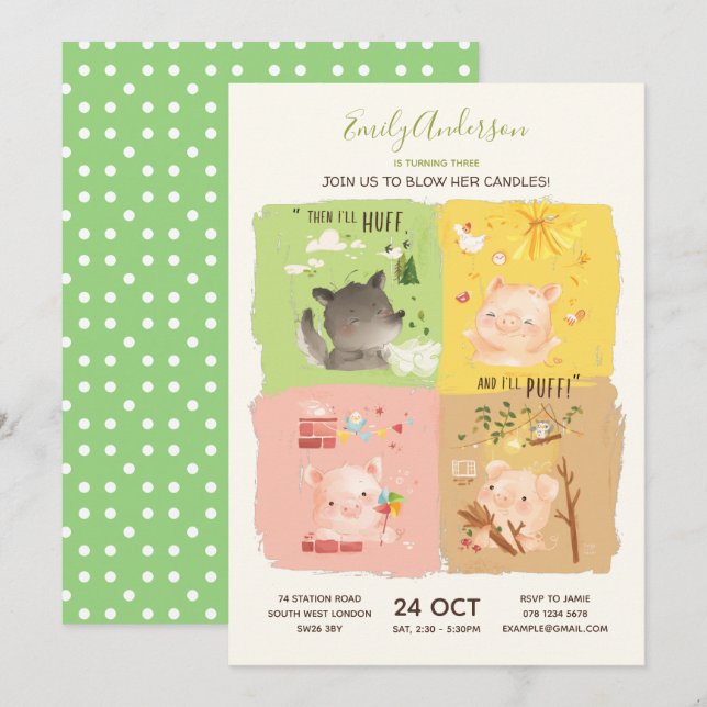 Three Little Pigs & Big Bad Wolf Birthday Invitation (Front/Back)