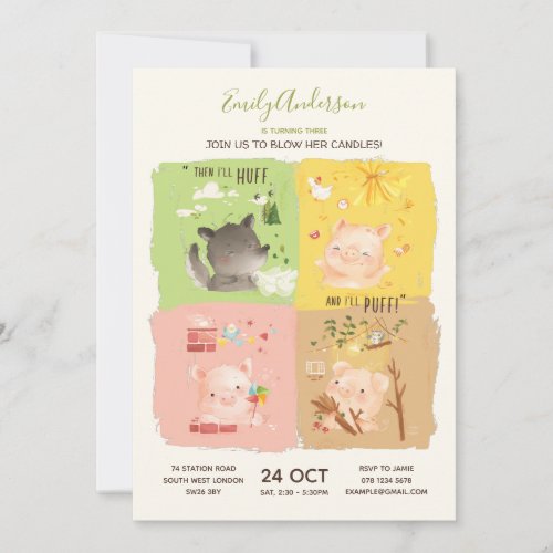 Three Little Pigs  Big Bad Wolf Birthday Invitation