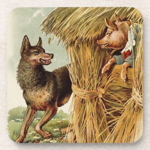 Three Little Pigs Big Bad Wolf Vintage Fairy Tale Coaster