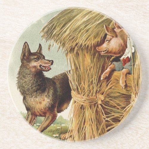 Three Little Pigs Big Bad Wolf Vintage Fairy Tale Drink Coaster