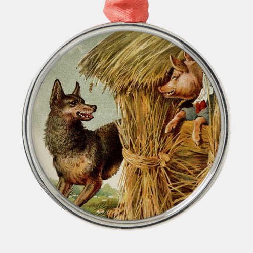 Three Little Pigs Big Bad Wolf Vintage Fairy Tale Metal Ornament
