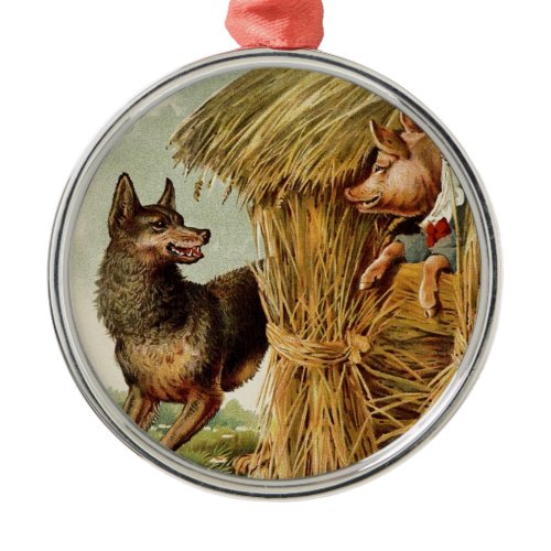 Three Little Pigs Big Bad Wolf, Vintage Fairy Tale Metal Ornament