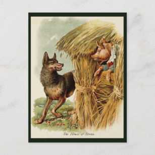 Three Little Pigs Big Bad Wolf, Vintage Fairy Tale Postcard