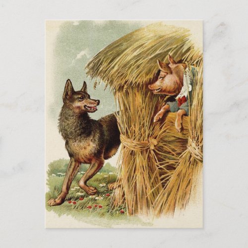Three Little Pigs Big Bad Wolf Vintage Fairy Tale Postcard
