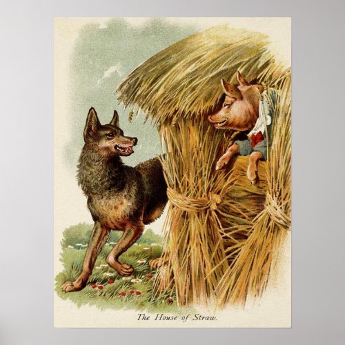 Three Little Pigs Big Bad Wolf Vintage Fairy Tale Poster