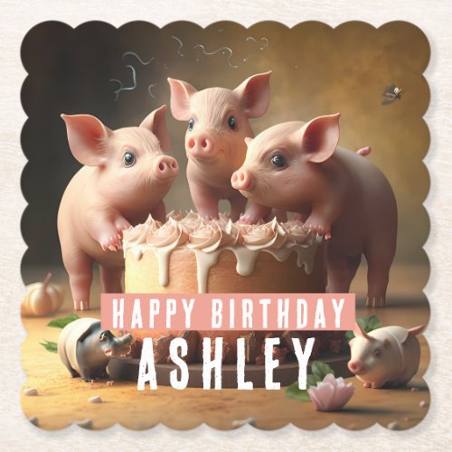 Three little pigs Birthday Cake Paper Coaster