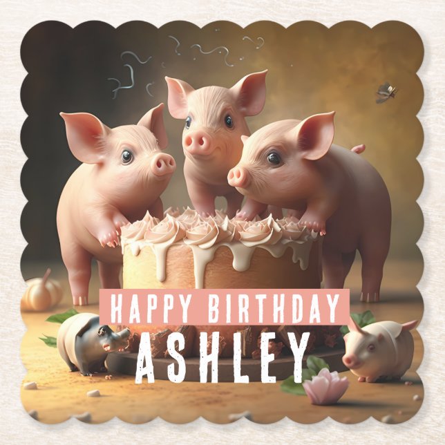 Three little pigs Birthday Cake Paper Coaster (Front)