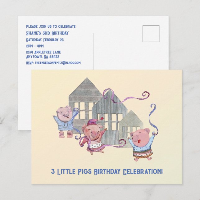Three Little Pigs Birthday Celebration Invitation (Front/Back)