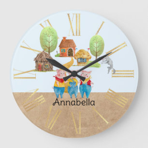 Three Little Pigs Colorful Folk and Fairy Tale Large Clock