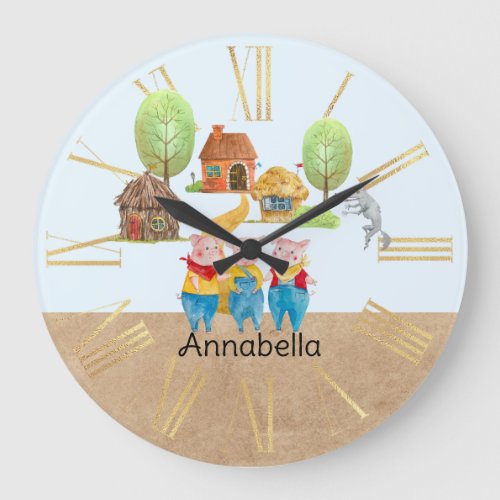 Three Little Pigs Colorful Folk and Fairy Tale Large Clock
