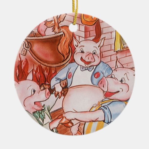 Three Little Pigs Cooking Wolf Vintage Fairy Tale Ceramic Ornament