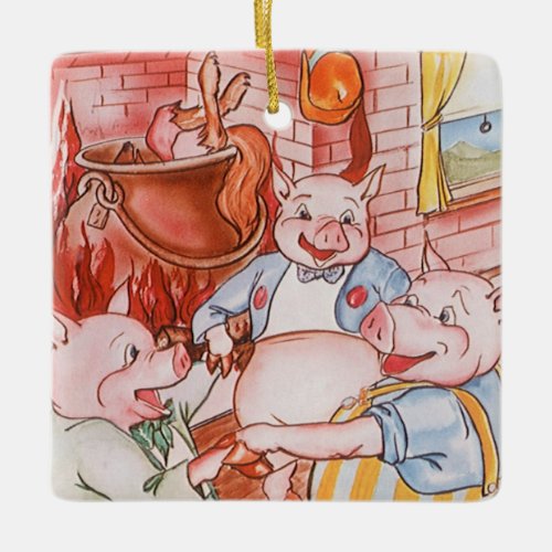 Three Little Pigs Cooking Wolf Vintage Fairy Tale Ceramic Ornament