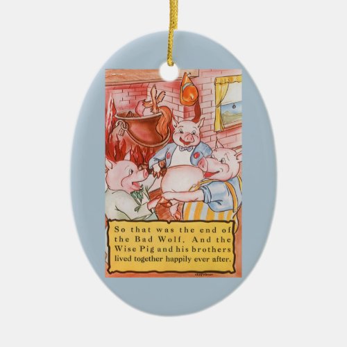 Three Little Pigs Cooking Wolf Vintage Fairy Tale Ceramic Ornament