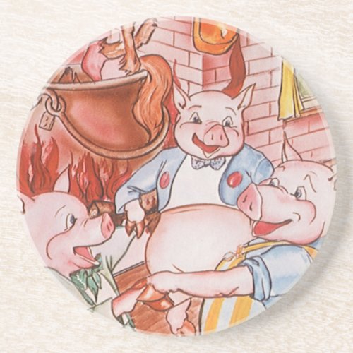 Three Little Pigs Cooking Wolf Vintage Fairy Tale Drink Coaster