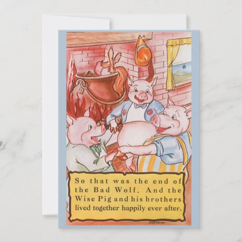 Three Little Pigs Cooking Wolf Vintage Fairy Tale Invitation