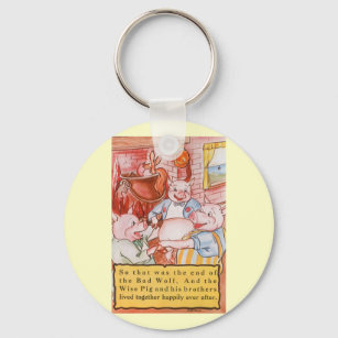 Three Little Pigs Cooking Wolf, Vintage Fairy Tale Keychain