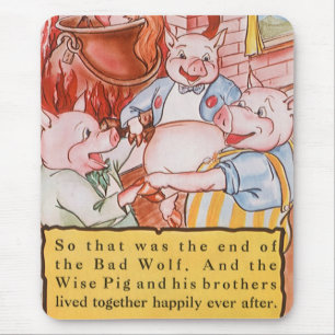 Three Little Pigs Cooking Wolf, Vintage Fairy Tale Mouse Pad