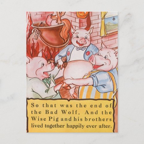Three Little Pigs Cooking Wolf Vintage Fairy Tale Postcard