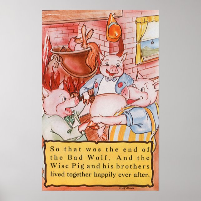 Three Little Pigs Cooking Wolf, Vintage Fairy Tale Poster (Front)
