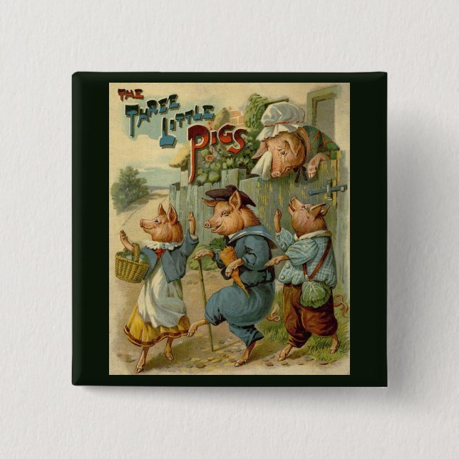 Three Little Pigs Vintage Fairy Tale Button (Front)