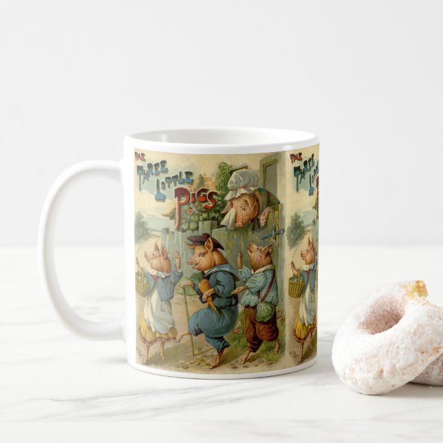 Three Little Pigs Vintage Fairy Tale Coffee Mug (With Donut)