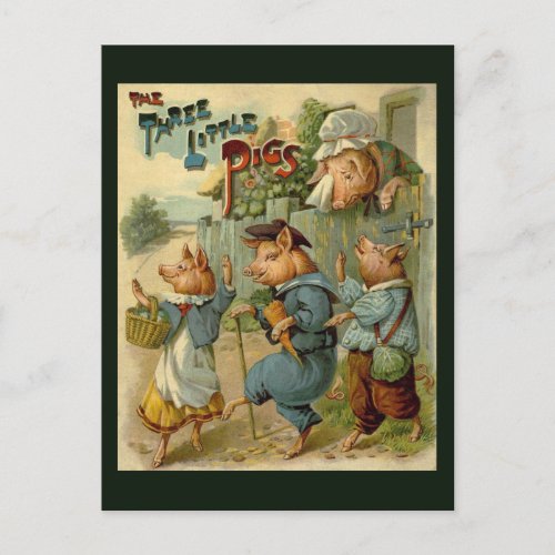 Three Little Pigs Vintage Fairy Tale Postcard