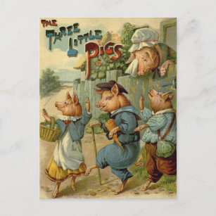 Three Little Pigs Vintage Fairy Tale Postcard