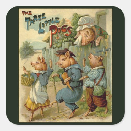Three Little Pigs Vintage Fairy Tale Square Sticker