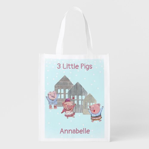 Three Little Pigs with their Houses Personalized   Grocery Bag
