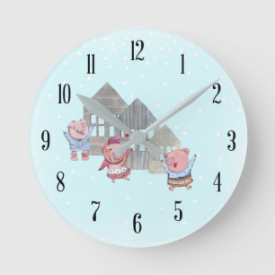 Three Little Pigs with their Houses Round Clock