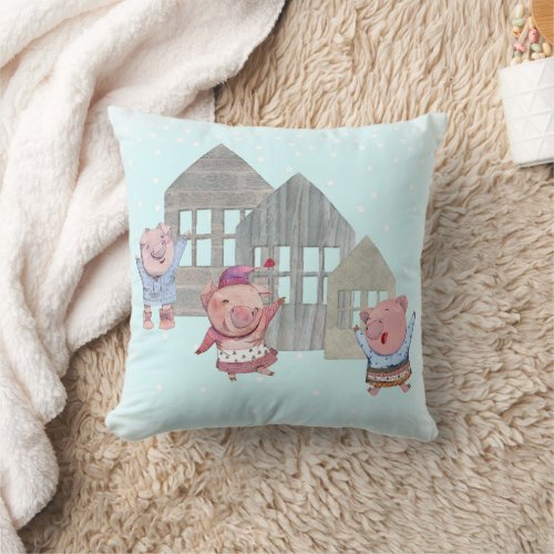 Three Little Pigs with their Houses  Throw Pillow