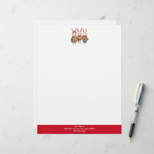 Three Little Rabbits Cute Custom Christmas Red Letterhead