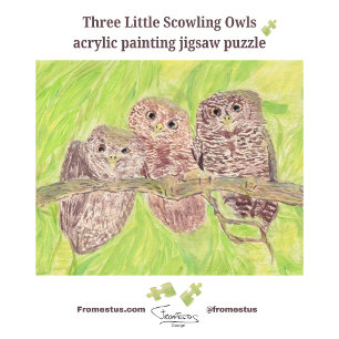 Three Little Scowling Owls - acrylic painting. Jigsaw Puzzle