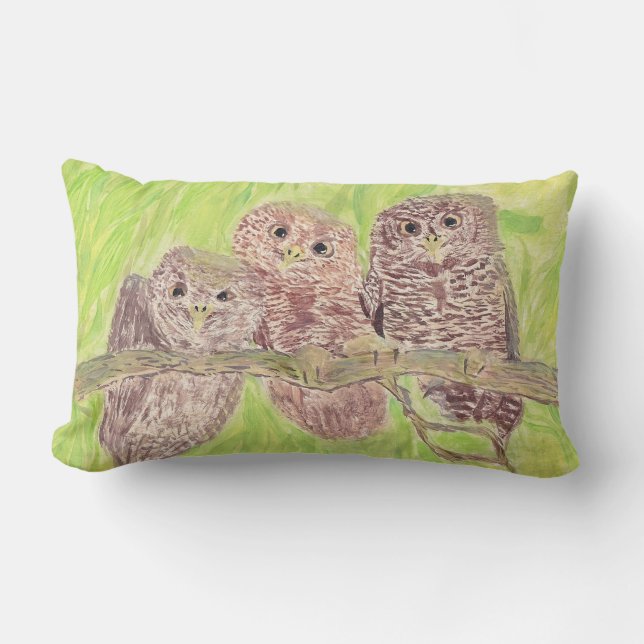 Three Little Scowling Owls - acrylic painting.    Lumbar Pillow (Front)