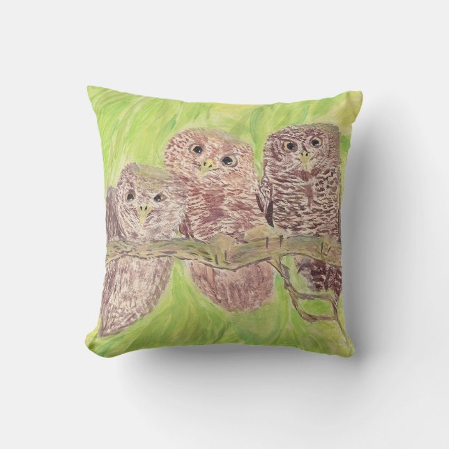 Three Little Scowling Owls - acrylic painting. Throw Pillow (Front)