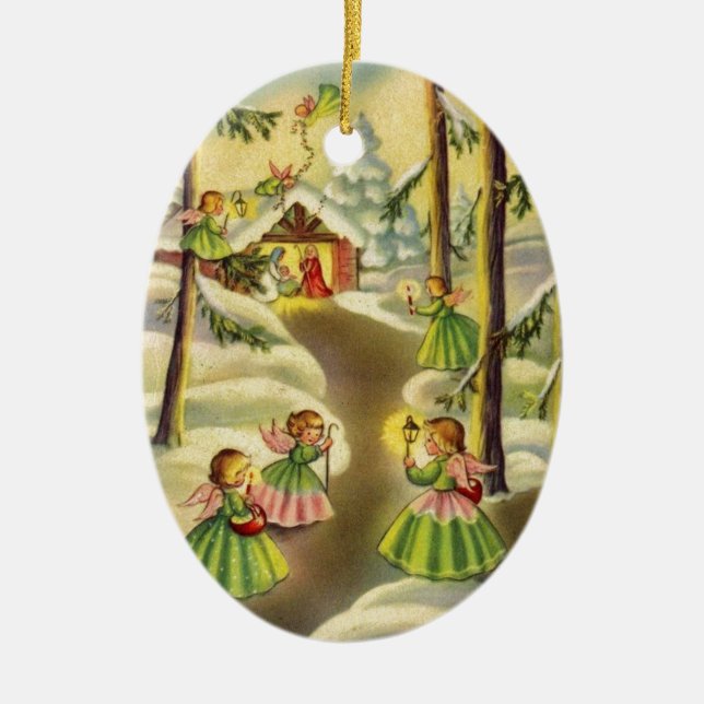 Three Little Vintage Christmas Angels Ceramic Ornament (Front)