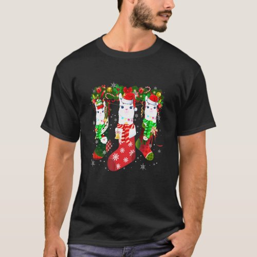 Three Llama In Sock Christmas Santa Hat T_Shirt