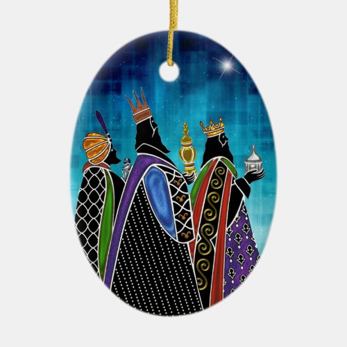Three Magi Bearing Gifts Under Starry Sky Ceramic Ornament