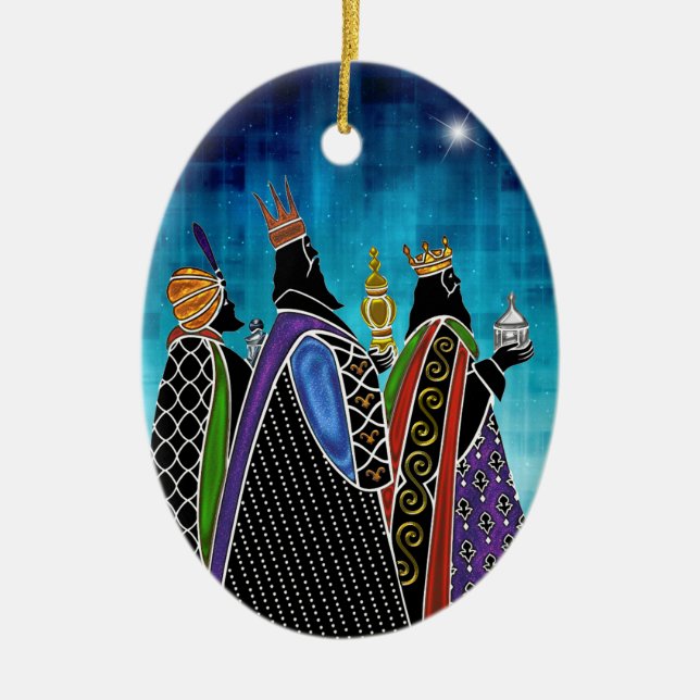 Three Magi Bearing Gifts Under Starry Sky Ceramic Ornament (Front)