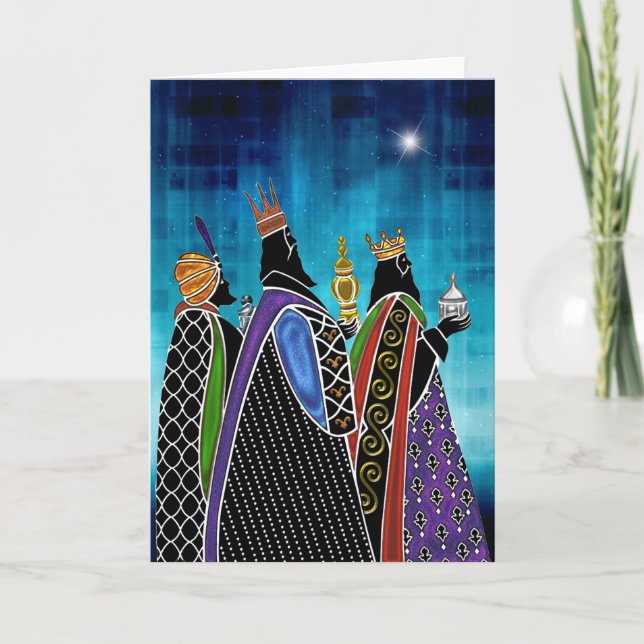Three Magi Bearing Gifts Under Starry Sky Holiday Card (Front)