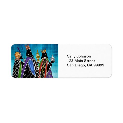 Three Magi Bearing Gifts Under Starry Sky Label