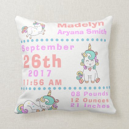 Three Magical Mystical Unicorn Pony Birth Stats Throw Pillow