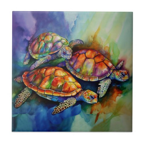 Three Magnificent Turtles Migrate in Stormy Seas Ceramic Tile