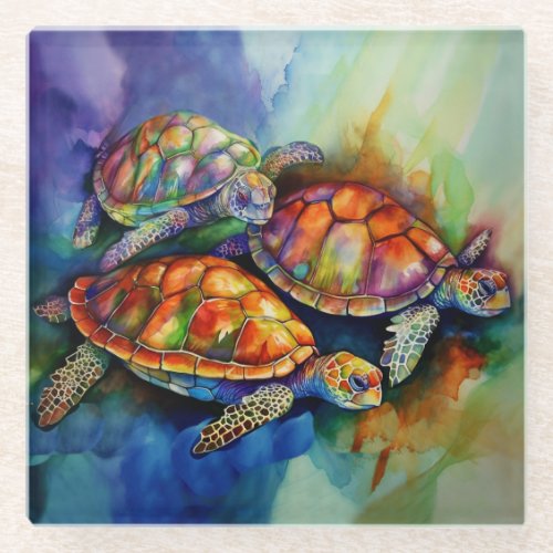 Three Magnificent Turtles Migrate in Stormy Seas Glass Coaster